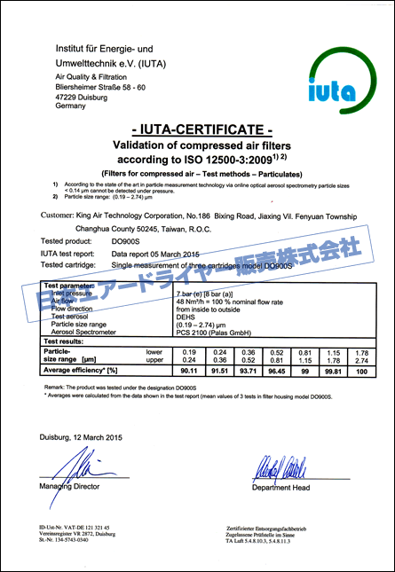 ISO12500-3 particle certificate